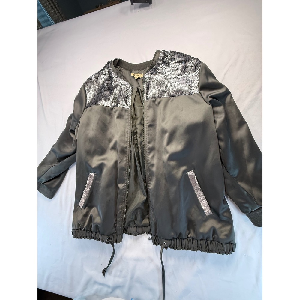 Democracy Womens Bomber Jacket XL Olive Green Satin Silver Sequin Zip Drawstring